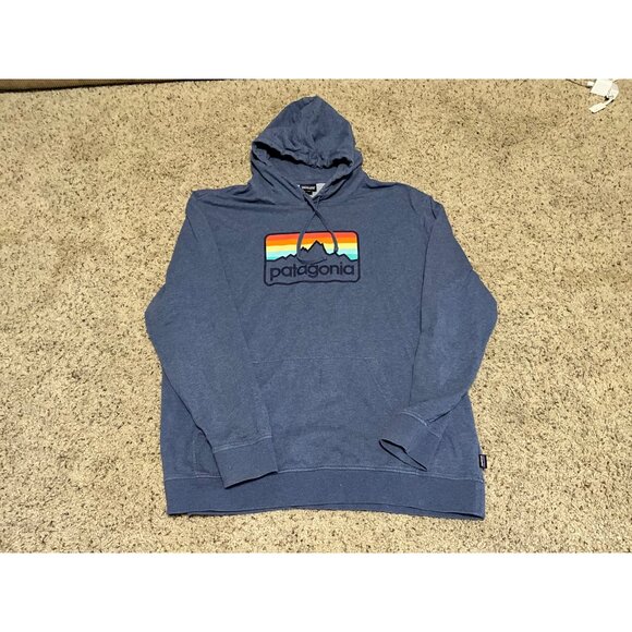 Patagonia Mens Blue Hoodie Size XXL With Rainbow Mountain Logo Graphic - Picture 11 of 13
